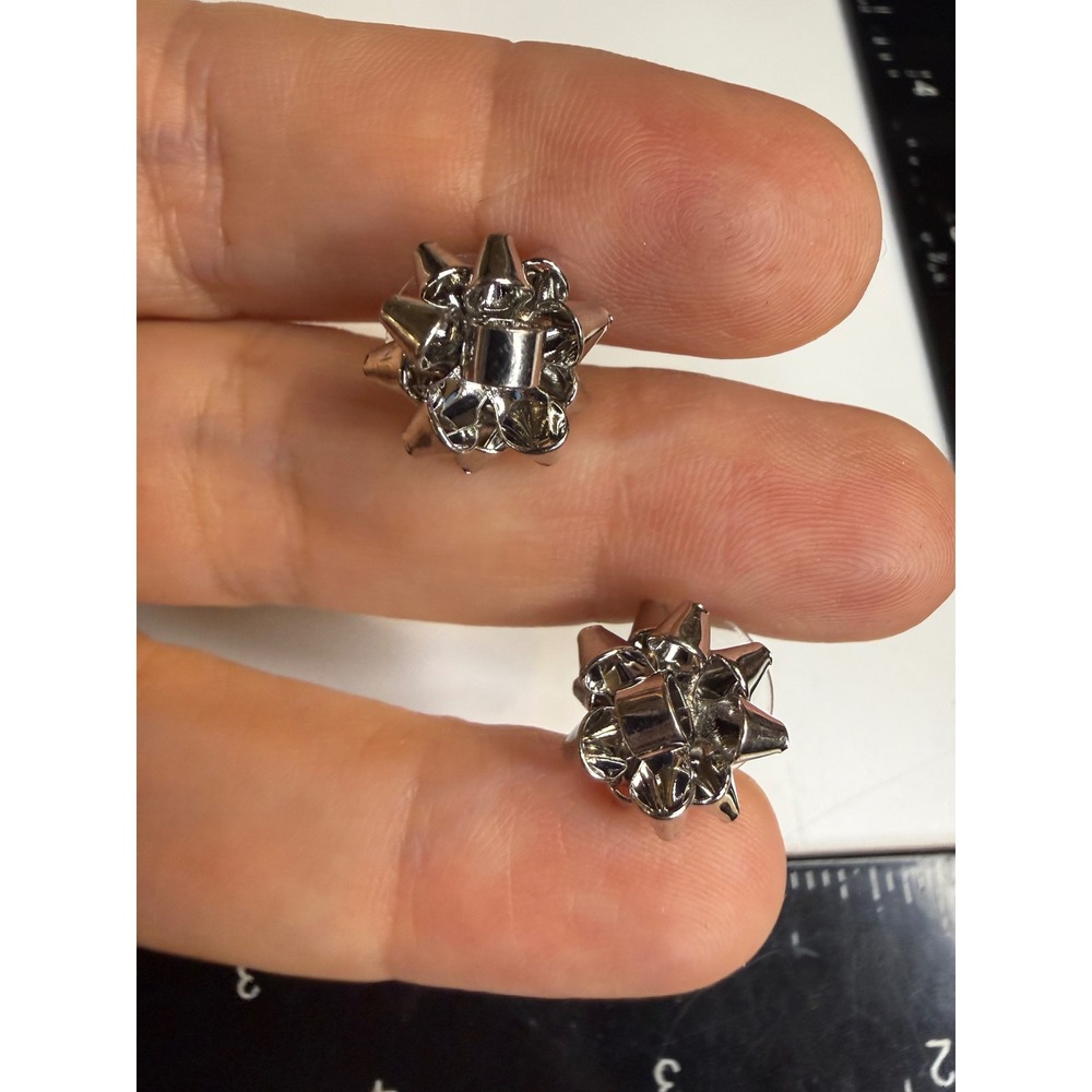 Silver Tone Gift Bow Stud Earrings Festive Holiday Present Ribbon Jewelry